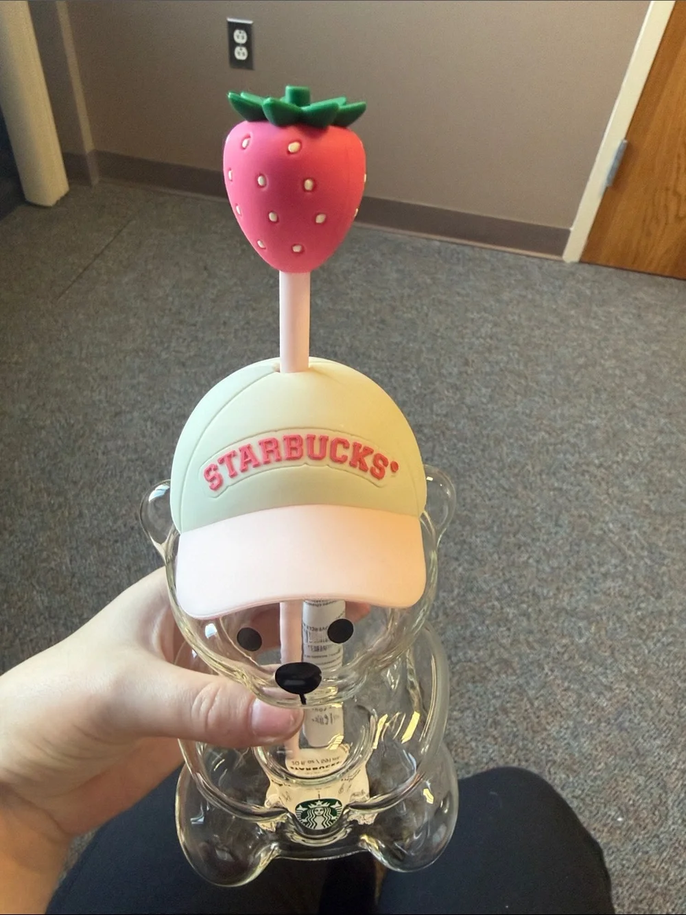 Starbucks Clear Bear Tumbler with Pink Strawberry Cap and Straw